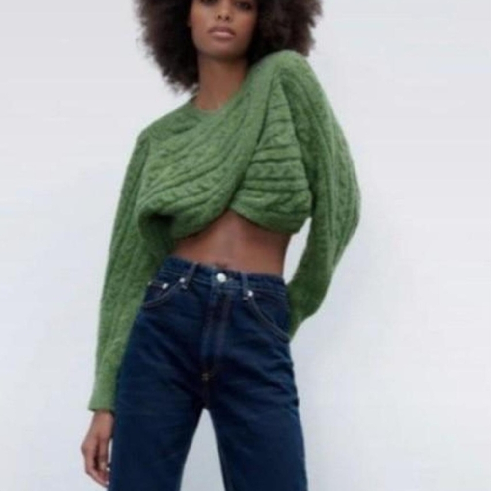 Zara Green Off-the-Shoulder Cable Knit Sweater